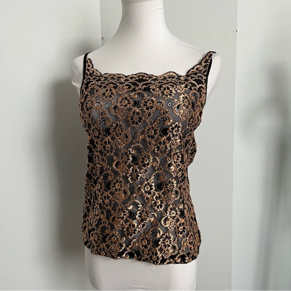 Vintage Black & Gold Lace Camisole ✨ Y2K Sheer Floral Top L - Picture 2 of 6
